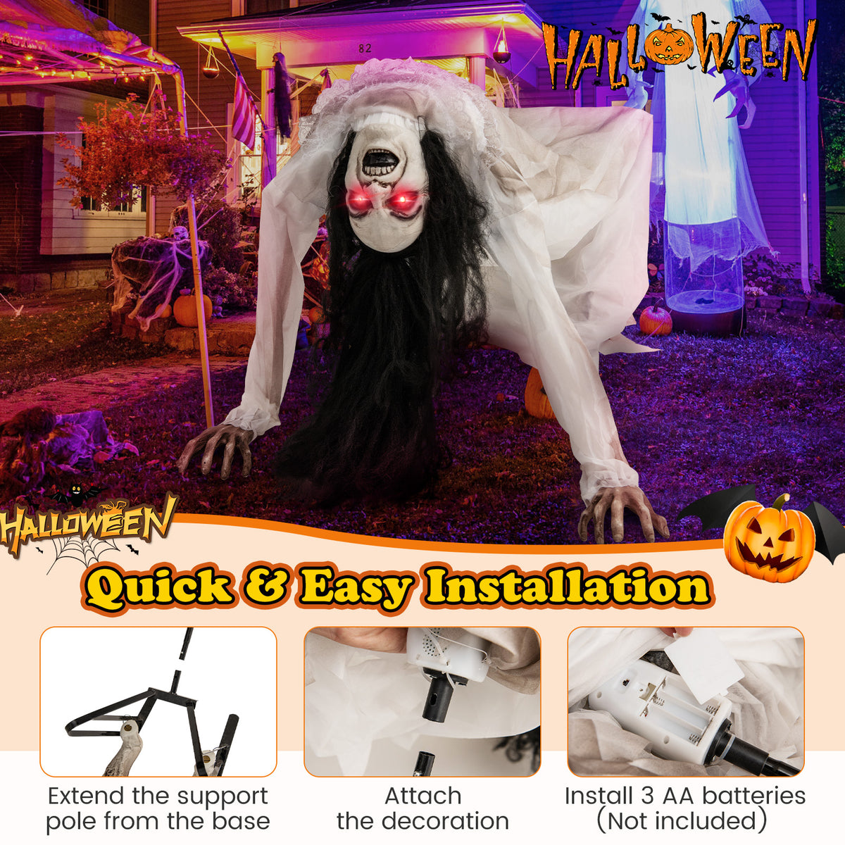 Halloween Animatronic Crawling Woman Ghost with LED Eyes & Voice Activation - Costway