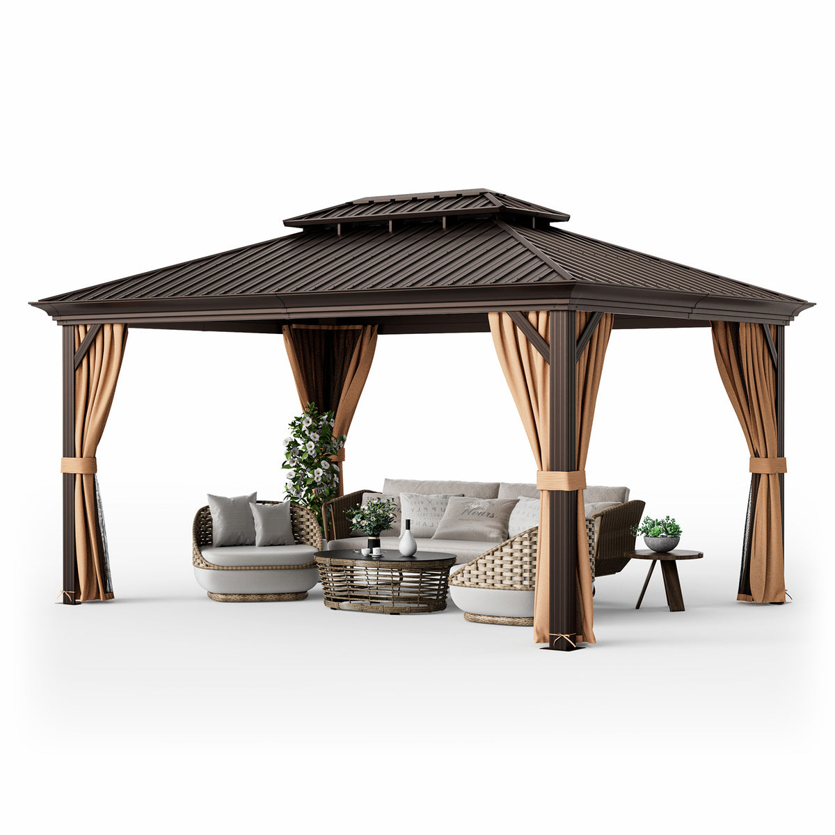 12 x 16 Feet Double-Roof Hardtop Gazebo, Coffee