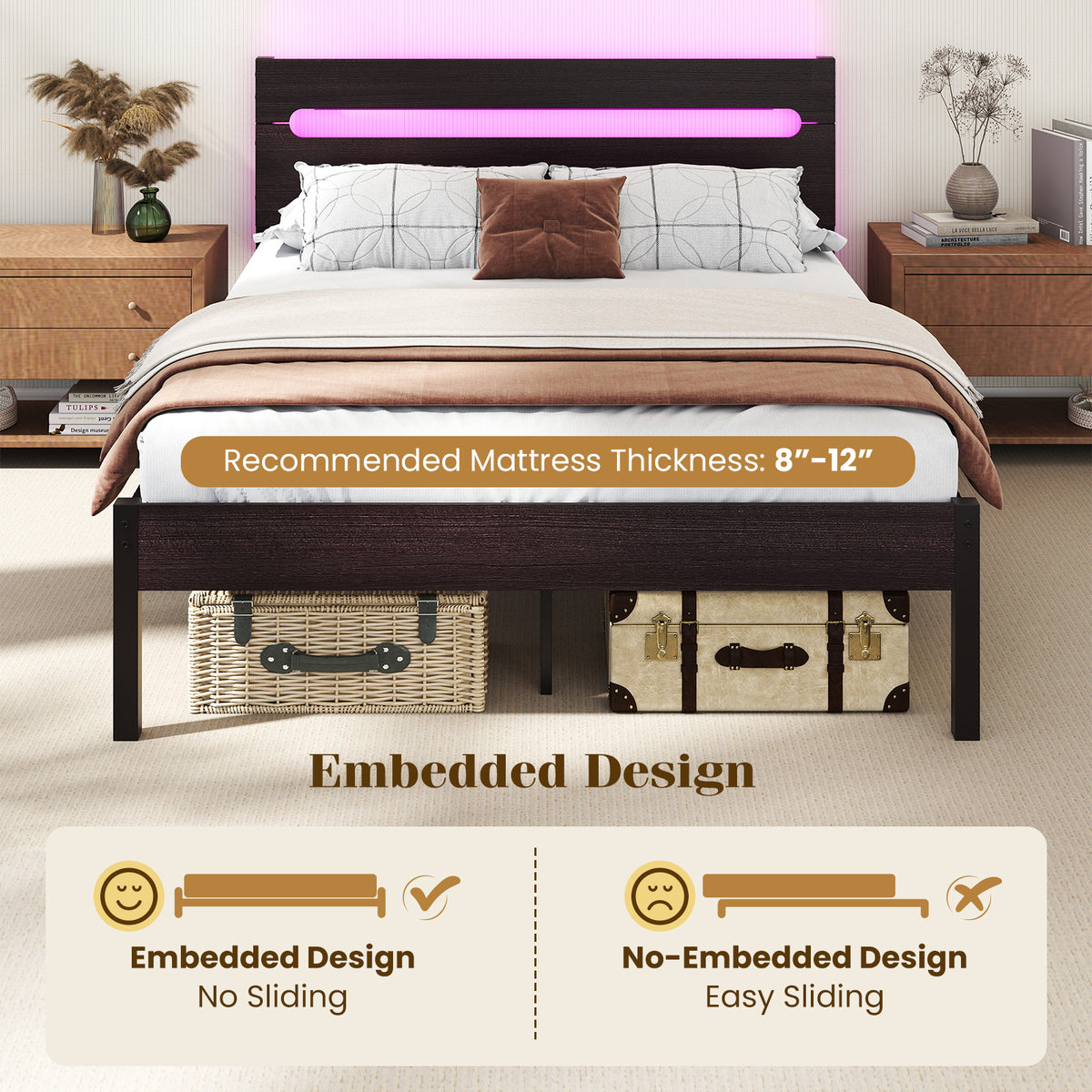 Heavy-Duty Metal Slat Platform Bed with Charging Station - Walnut