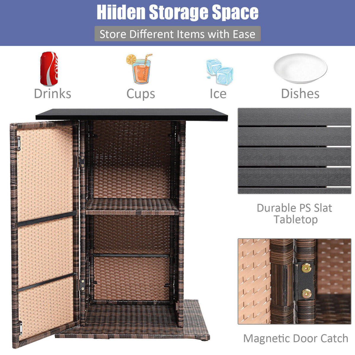 5 Pieces Patio Rattan Bar Furniture Set with Cushions and Hidden
