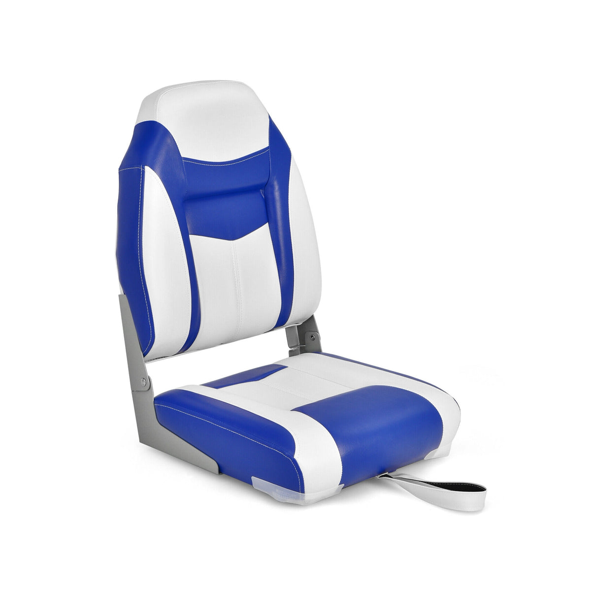 High Back Folding Boat Seat with Blue White Cushions & Hinges - Costway Blue