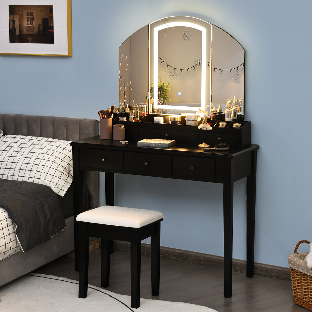 Vanity Table Stool Set with Tri-Fold Lighted Mirror - Black