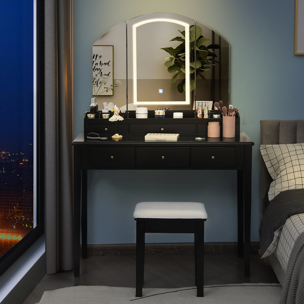 Vanity Table Stool Set with Tri-Fold Lighted Mirror - Black