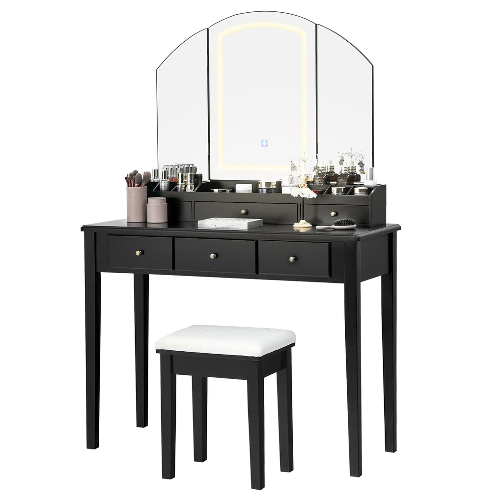 Vanity Table with Lighted Tri-Fold Mirror and Stool - Black
