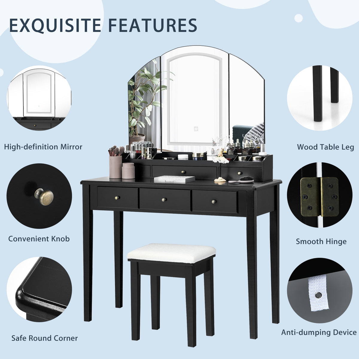 Vanity Table Stool Set with Tri-Fold Lighted Mirror - Black
