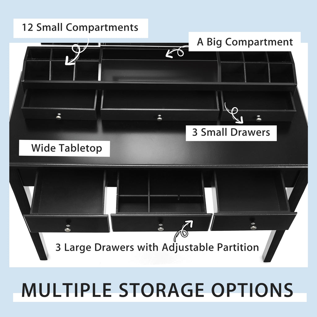 Vanity Table Stool Set with Tri-Fold Lighted Mirror - Black
