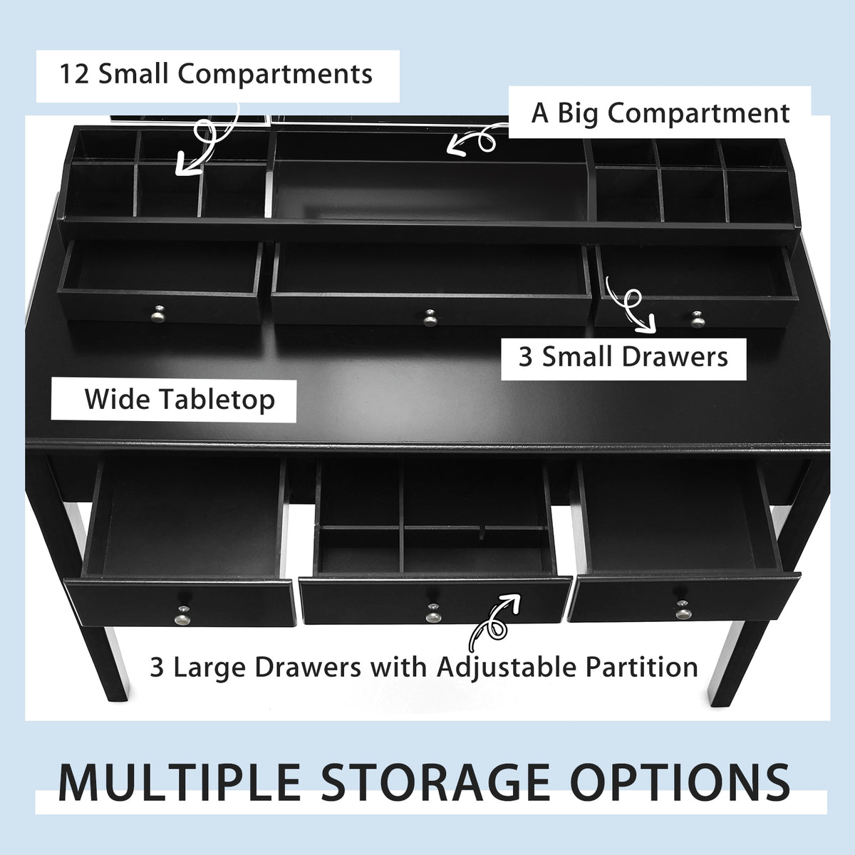 Vanity Table Stool Set with Tri-Fold Lighted Mirror - Black