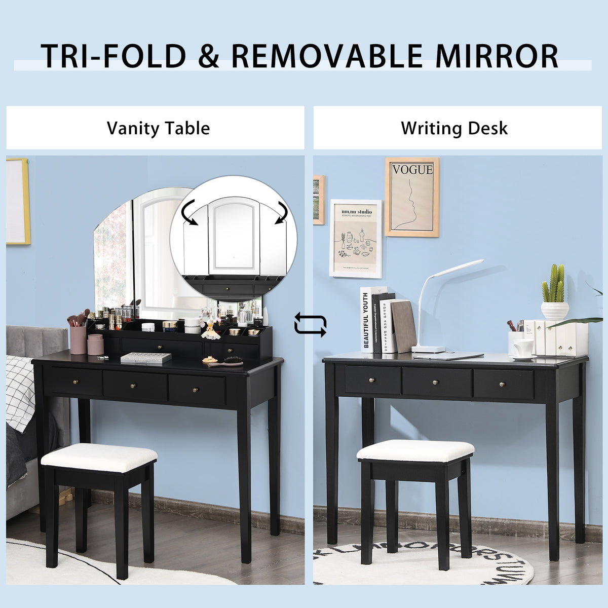 Vanity Table Stool Set with Tri-Fold Lighted Mirror - Black