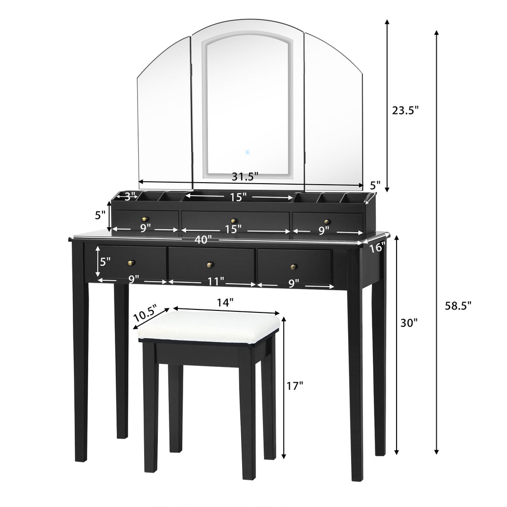 Vanity Table with Lighted Tri-Fold Mirror and Stool - Black