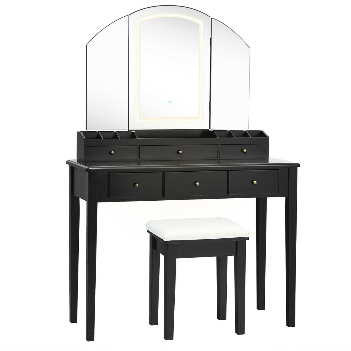 Vanity Table Stool Set with Tri-Fold Lighted Mirror - Black