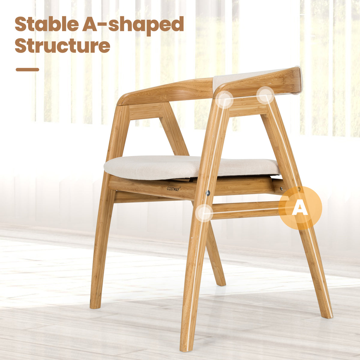 Bamboo Upholstered Dining Chair with Curved Back – Natural + Off White