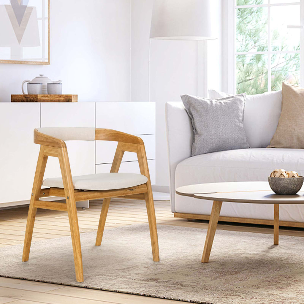 Bamboo Upholstered Dining Chair with Curved Back – Natural + Off White