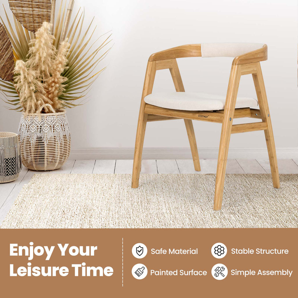 Bamboo Upholstered Dining Chair with Curved Back – Natural + Off White
