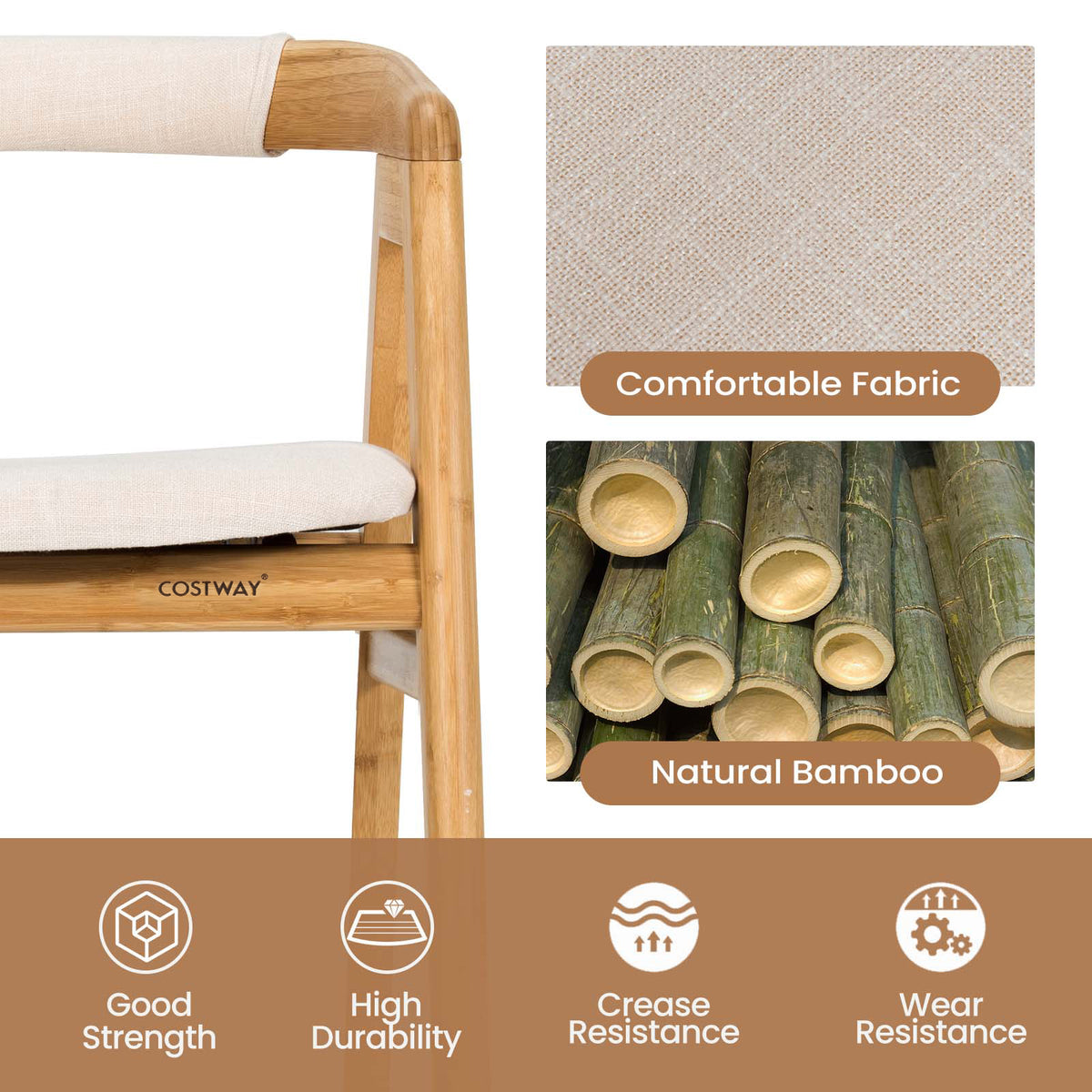 Bamboo Upholstered Dining Chair with Curved Back – Natural + Off White