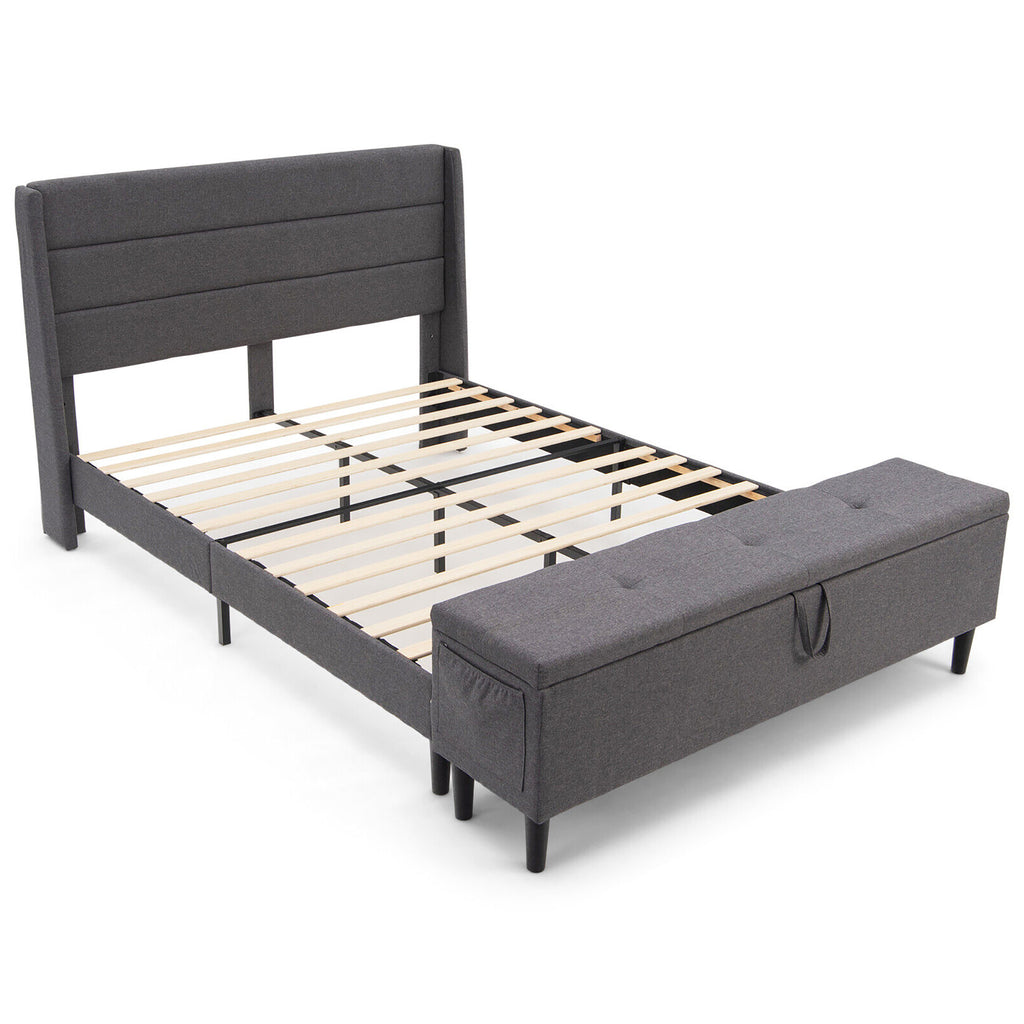 Full Size Upholstered Bed Frame with Headboard and Storage Ottoman
