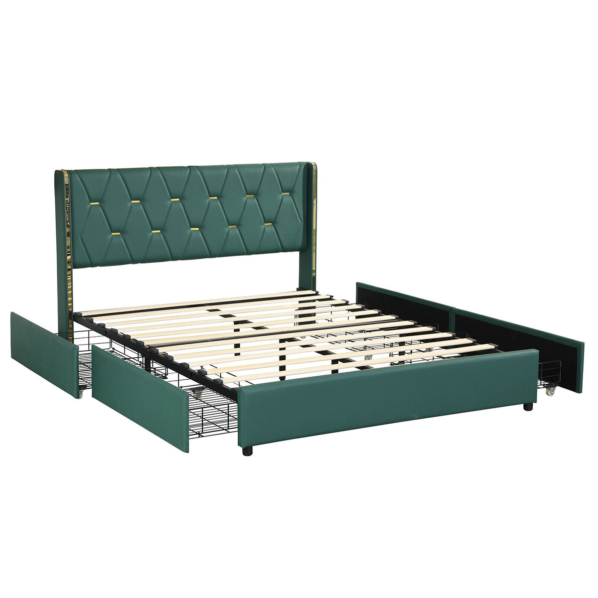 PU Leather Platform Bed Frame with 4 Drawers - Full, Green