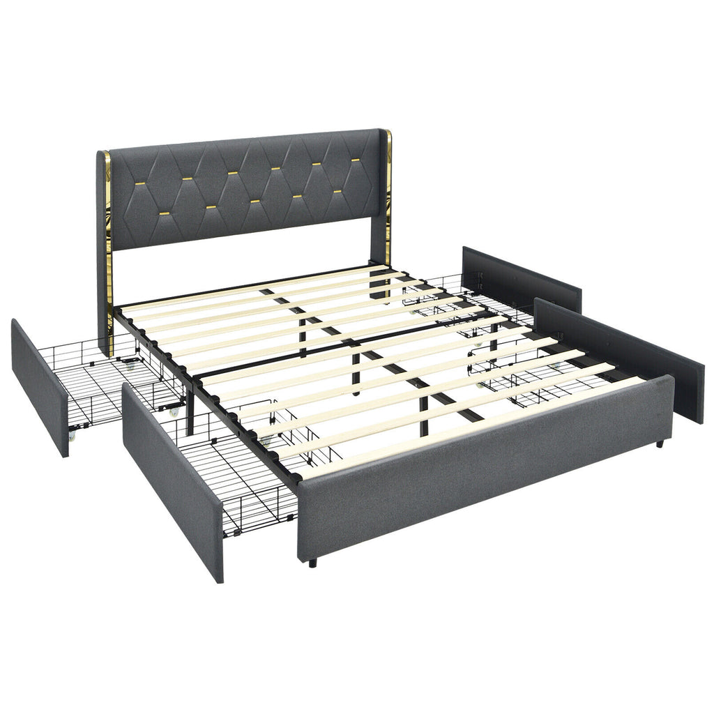 Full Size Upholstered Bed Frame with High Headboard & Storage Drawers - Silver