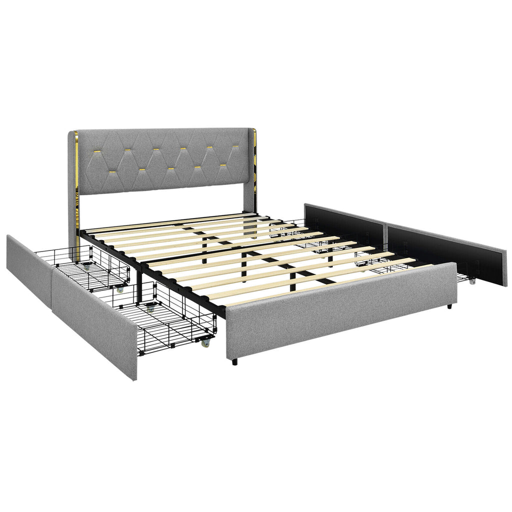 Full Size Upholstered Bed Frame with High Headboard & Storage Drawers - Silver