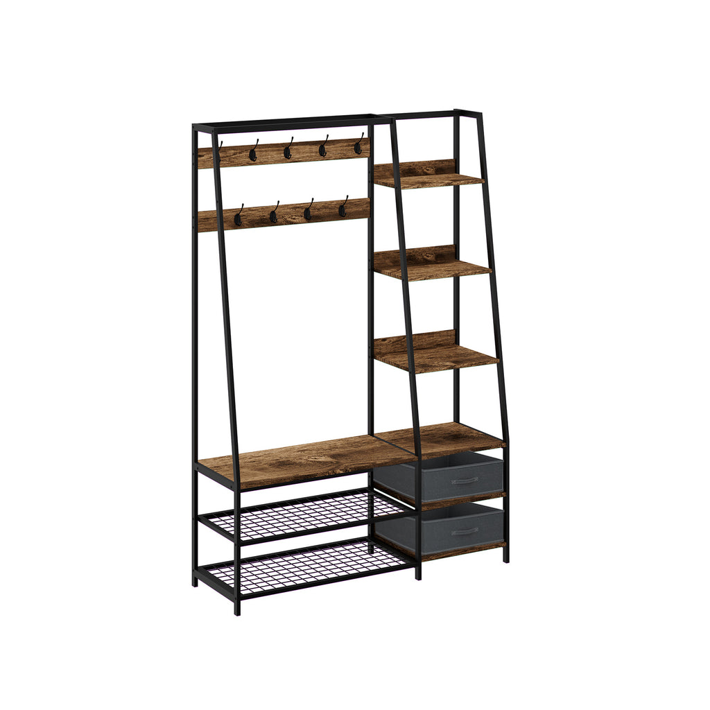 Hall Tree Coat Rack with Bench & Storage - Rustic Brown