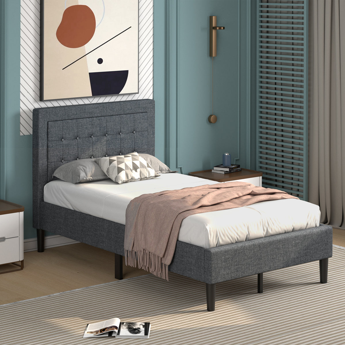 Twin Size Upholstered Bed Frame Button Tufted Headboard