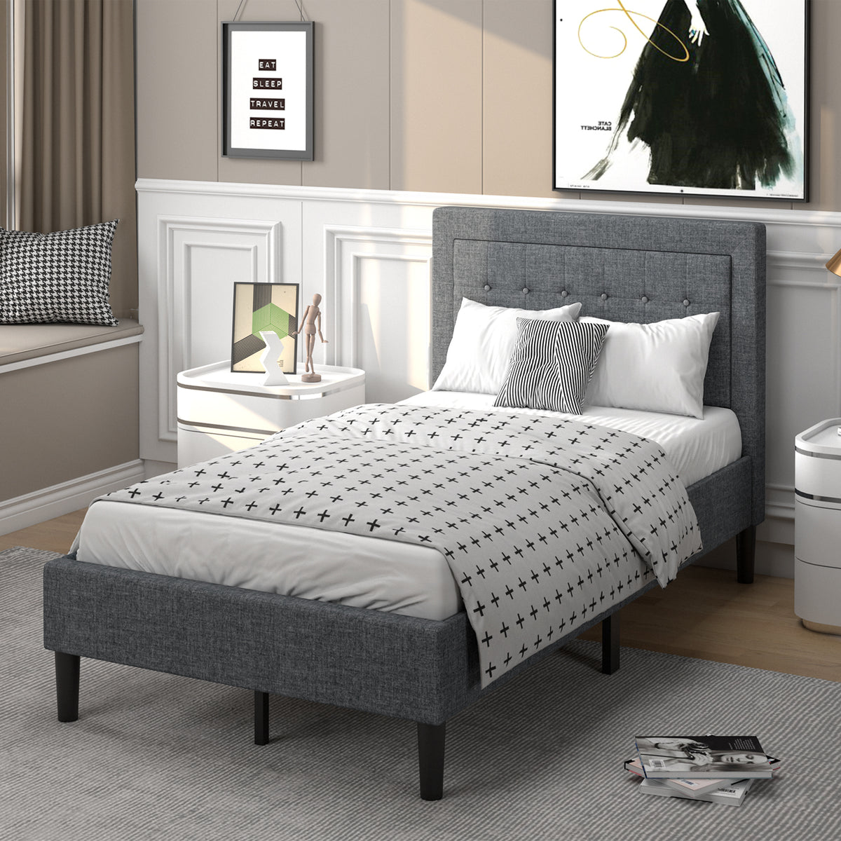 Twin Size Upholstered Bed Frame Button Tufted Headboard