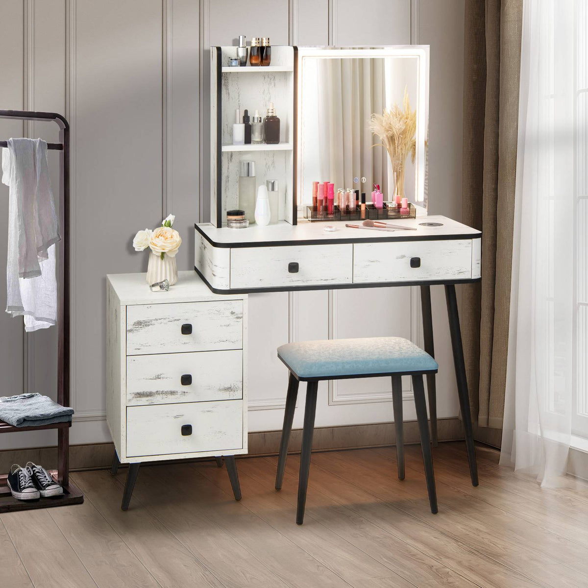 Makeup Vanity Table with Lighted Mirror, White