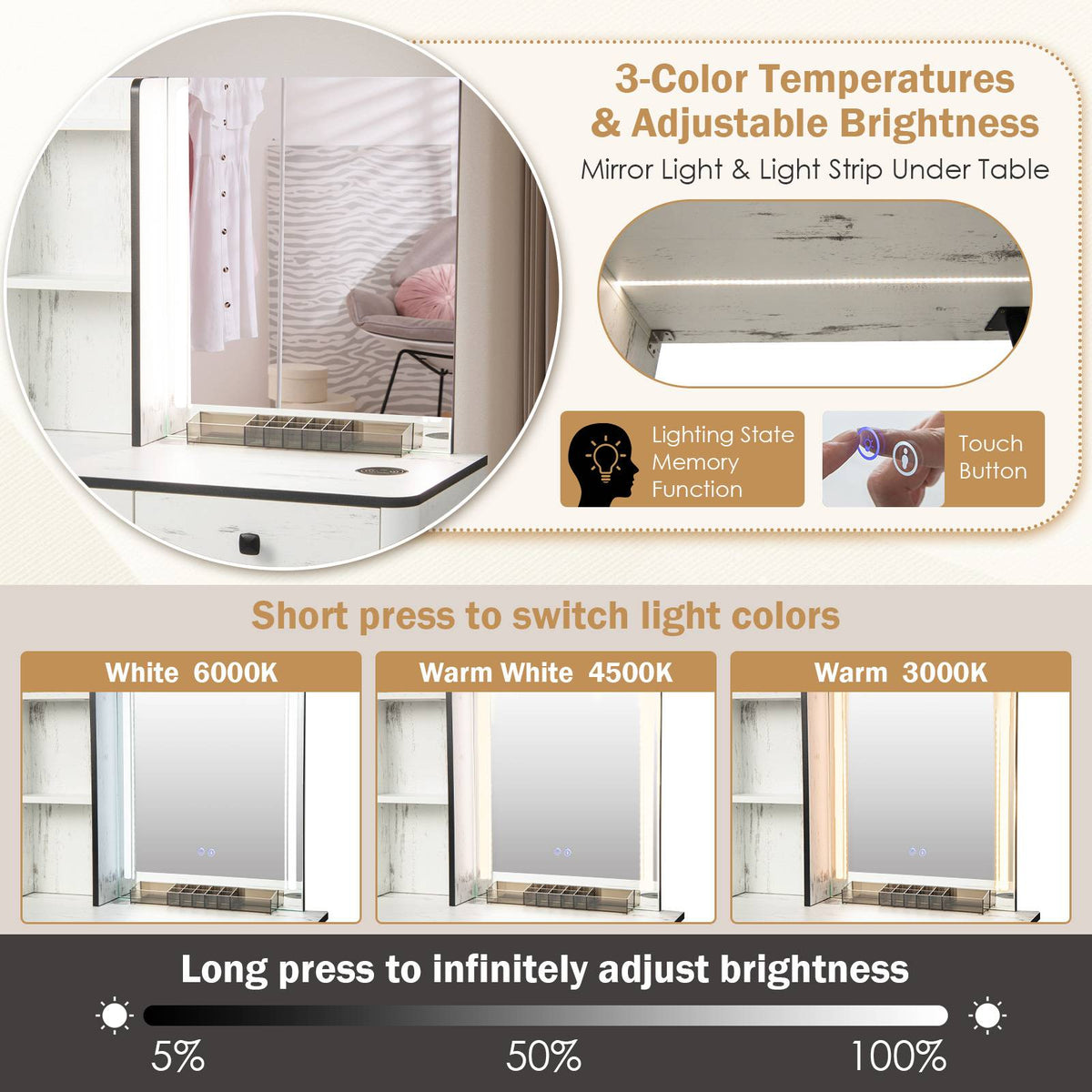 Makeup Vanity Table with Lighted Mirror, White