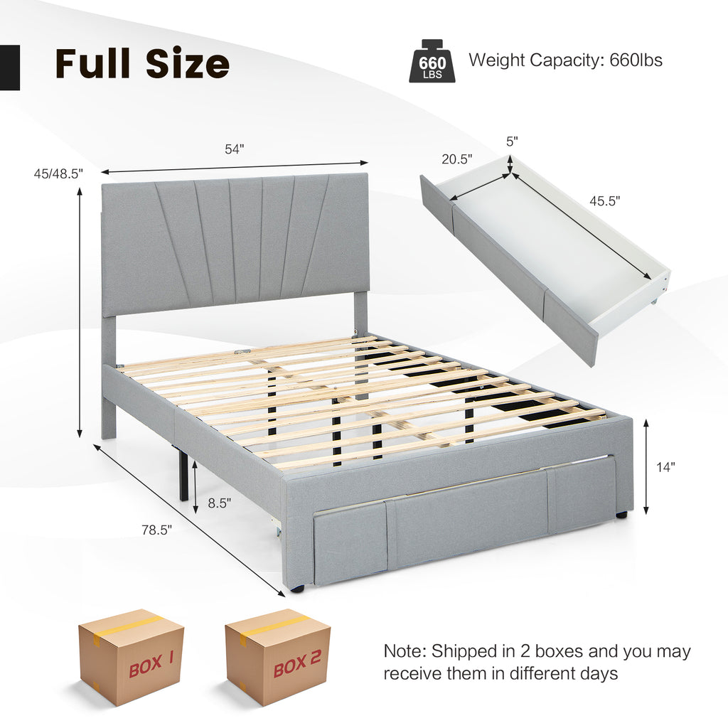 Full Size Upholstered Bed Frame with Drawer & Adjustable Headboard
