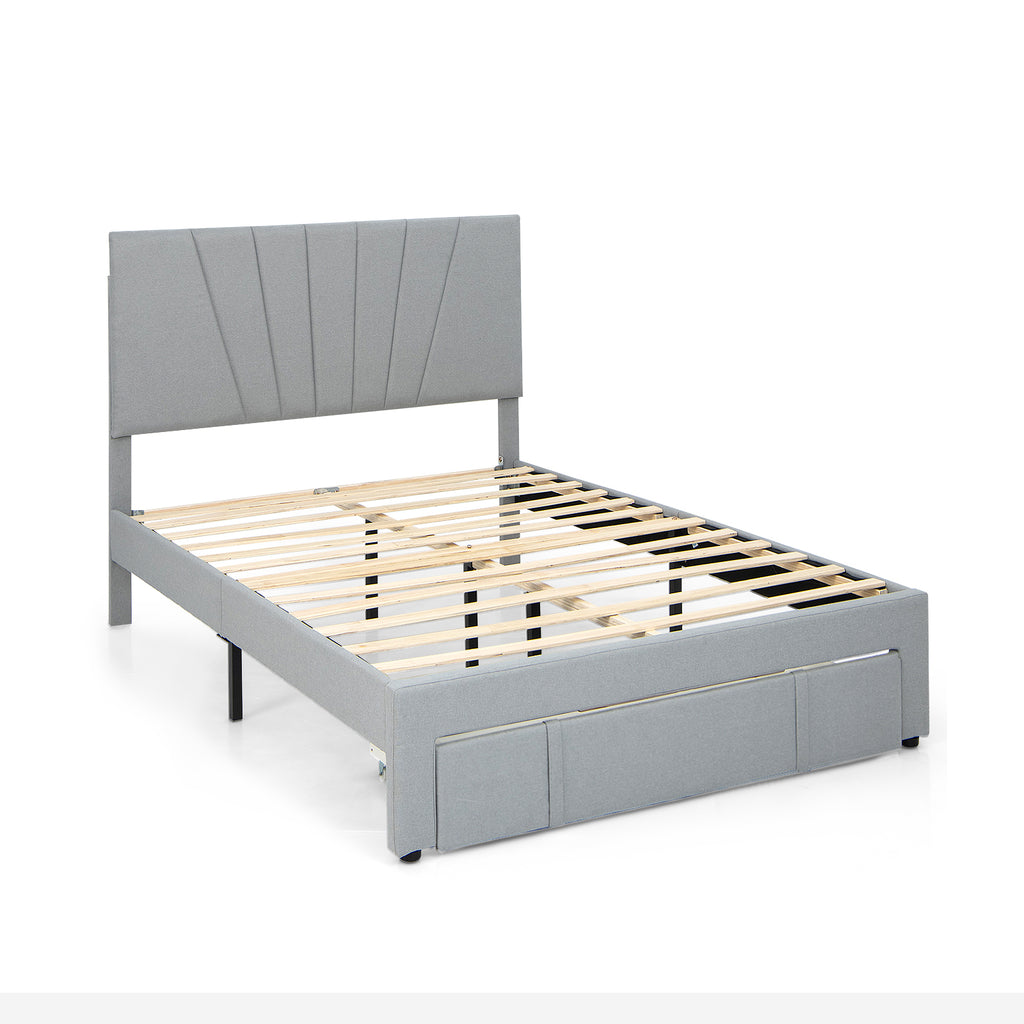 Full Size Upholstered Bed Frame with Drawer & Adjustable Headboard