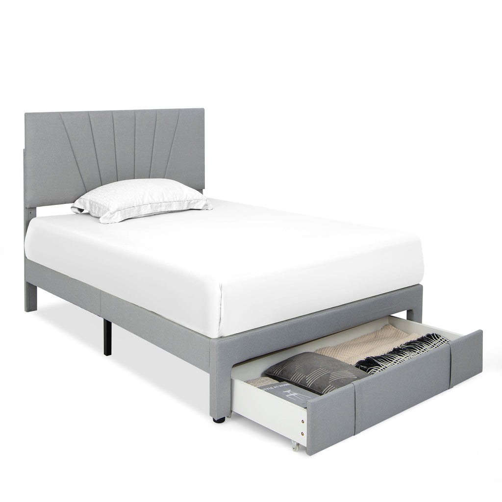 Full Size Upholstered Bed Frame with Drawer & Adjustable Headboard