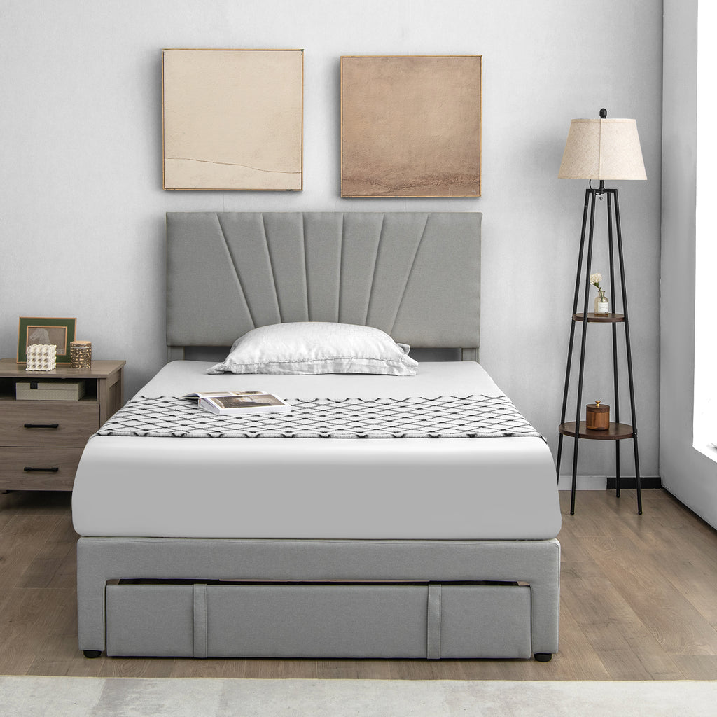 Full Size Upholstered Bed Frame with Drawer & Adjustable Headboard