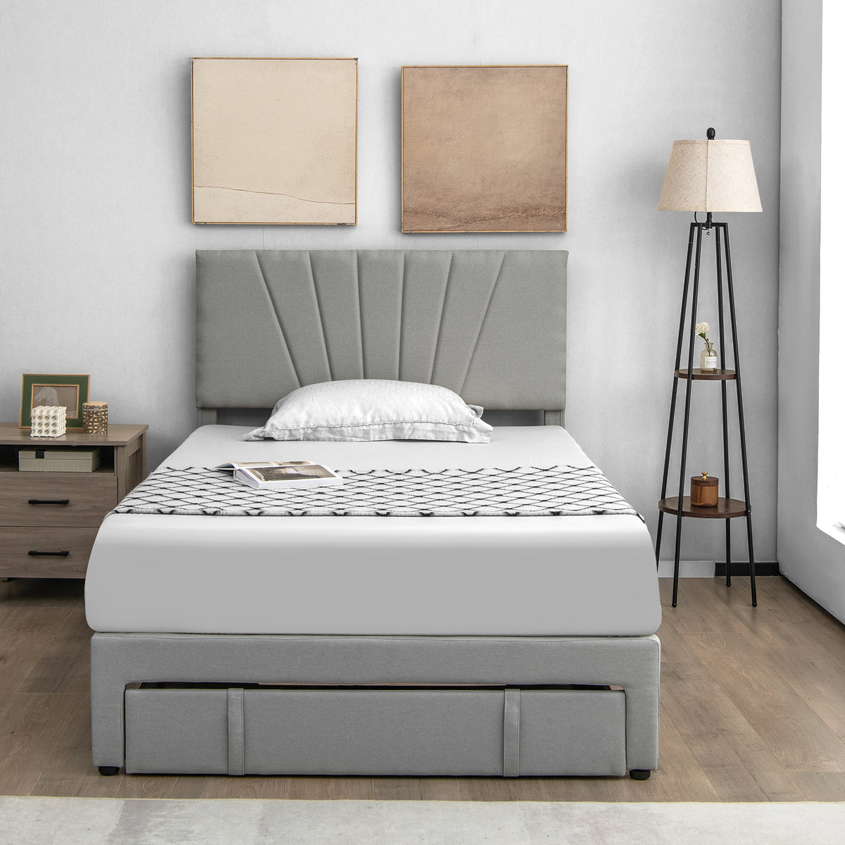 Full Size Upholstered Bed Frame with Drawer & Adjustable Headboard