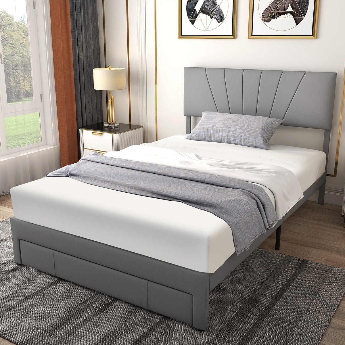 Full Size Upholstered Bed Frame with Drawer & Adjustable Headboard