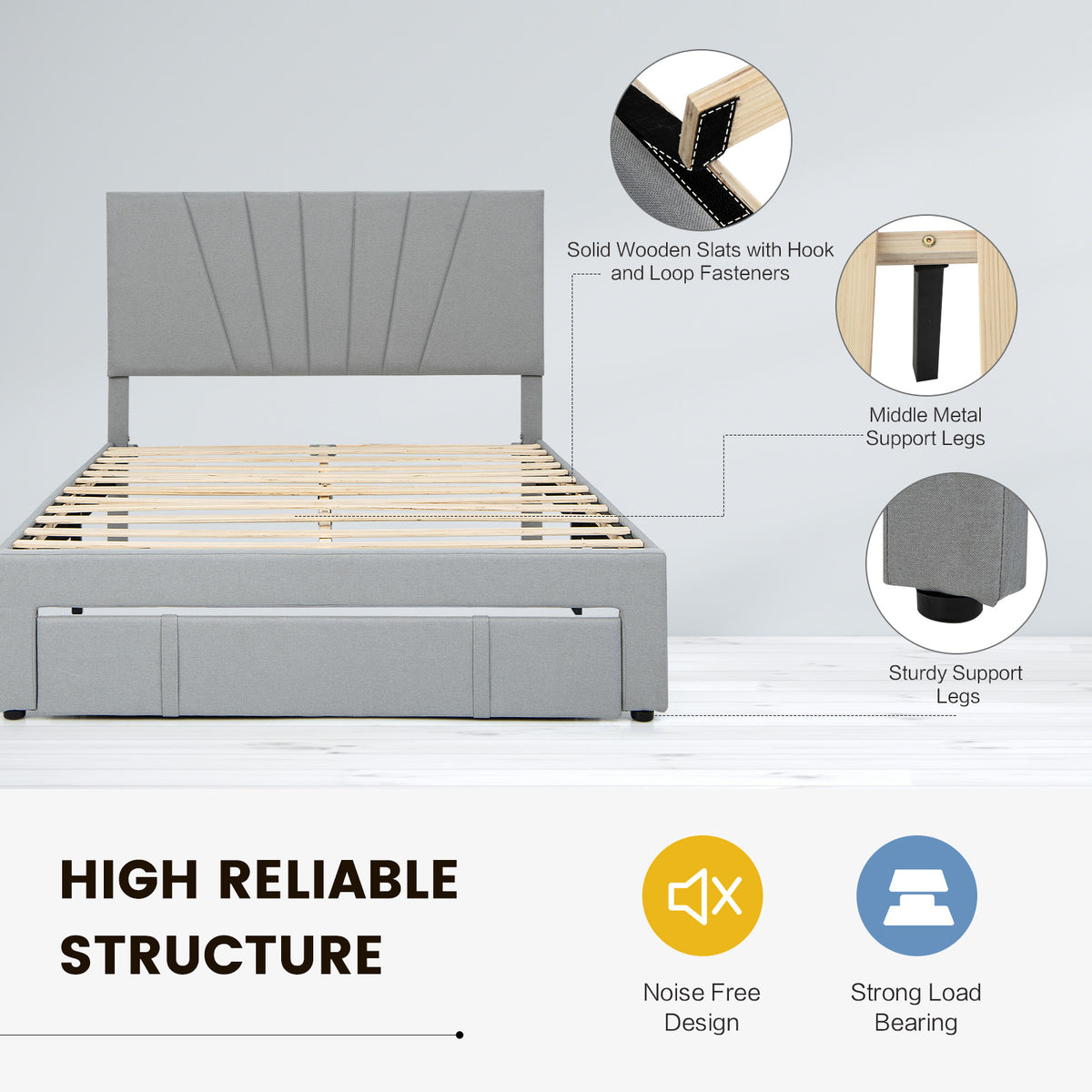 Full Size Upholstered Bed Frame with Drawer & Adjustable Headboard