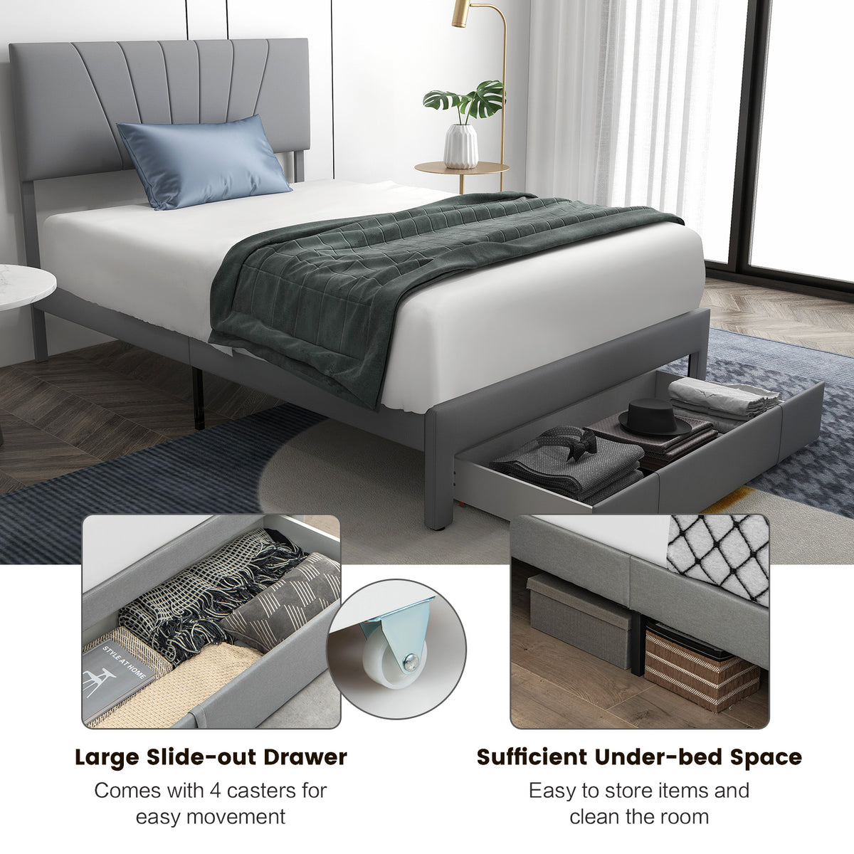 Full Size Upholstered Bed Frame with Drawer & Adjustable Headboard