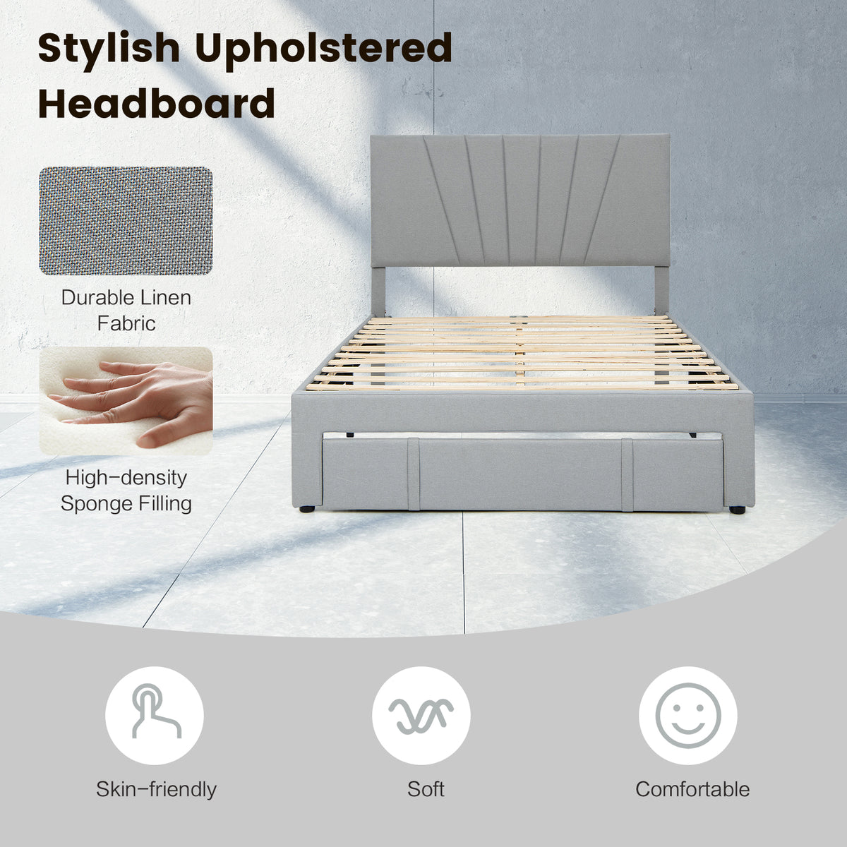 Full Size Upholstered Bed Frame with Drawer & Adjustable Headboard