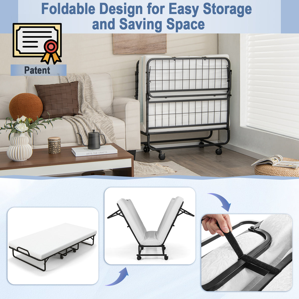 Twin Size Metal Folding Bed with Memory Foam Mattress – Hook and Loop Fasteners