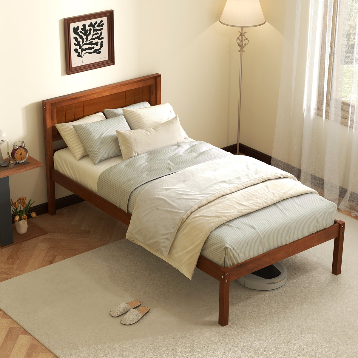 Twin Size Wood Bed Frame with Headboard and Slats – Brown