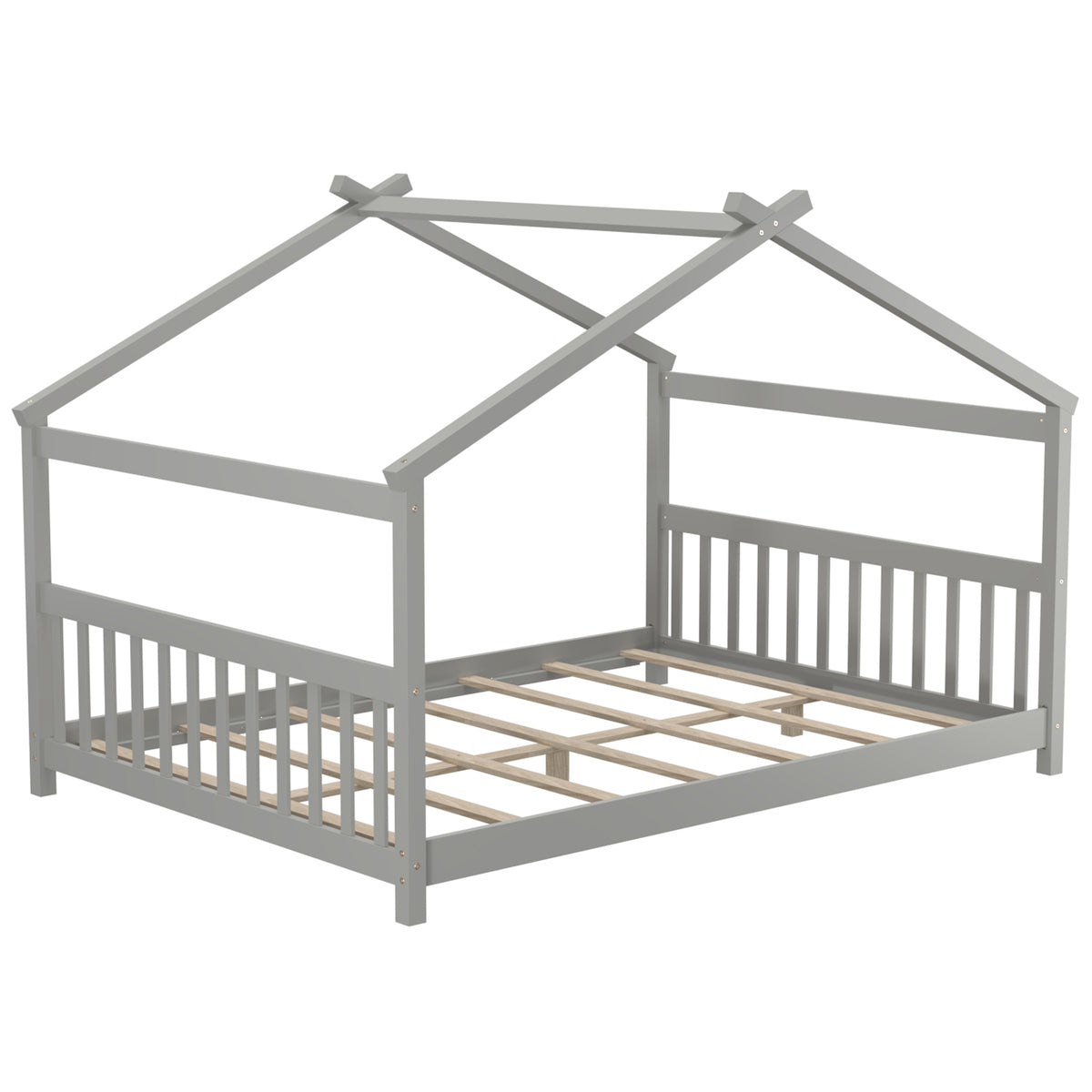 Twin Size House Floor Bed with Headboard - Natural