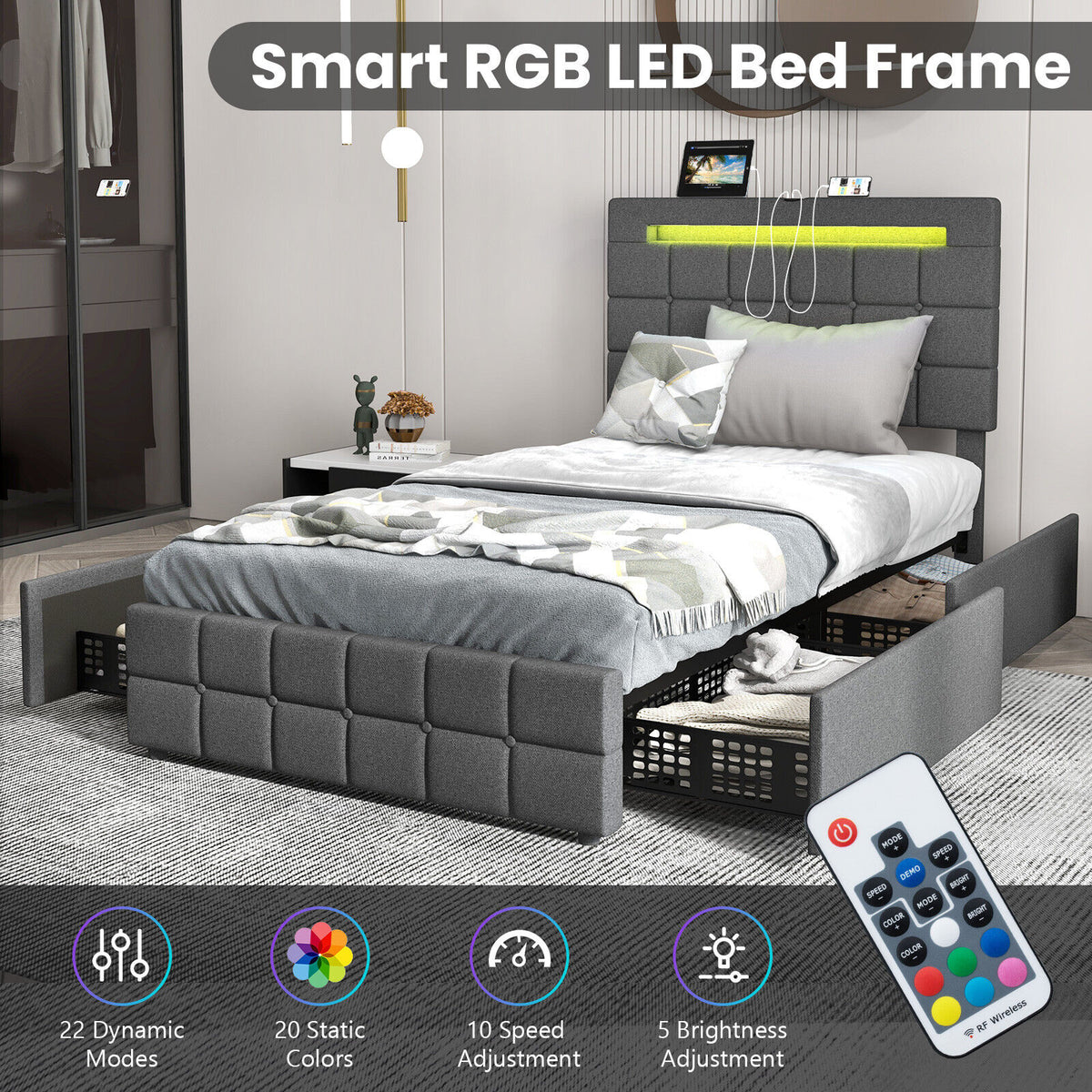 LED Upholstered Bed Frame with Drawers - Twin Size