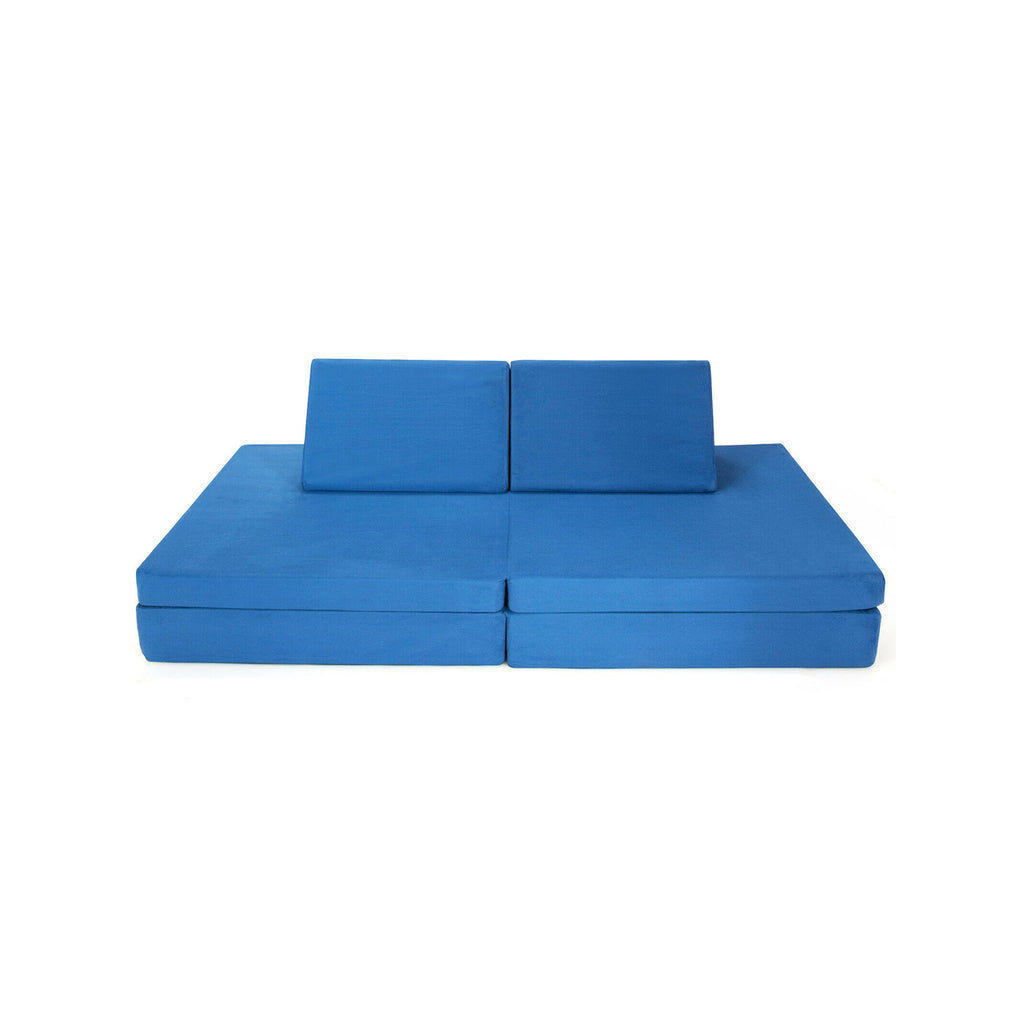 Girls Boys Modular Sofa Play Couch Set with 2 Folding Mats & 2 Triangular Pillows - Blue, 4 Pieces