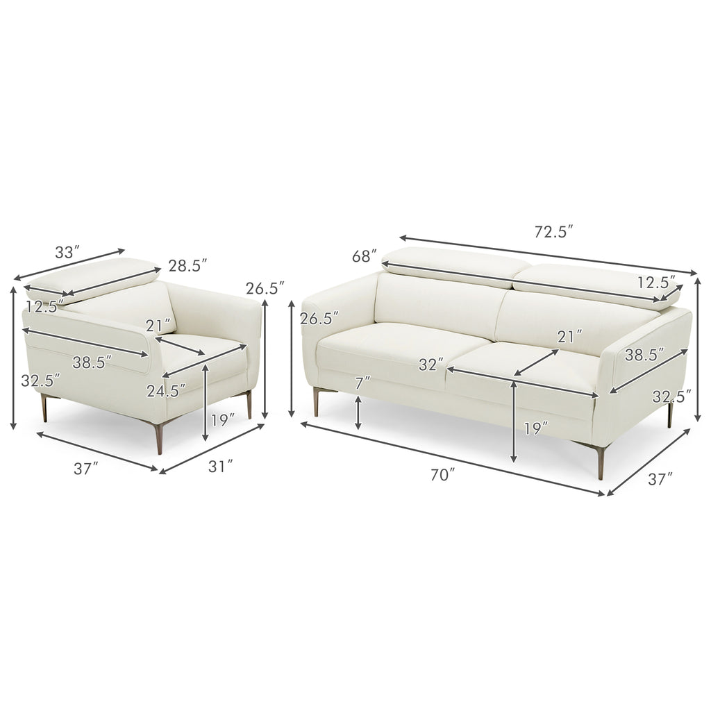 Modern Sofa Couch Set with Adjustable Headrest - White