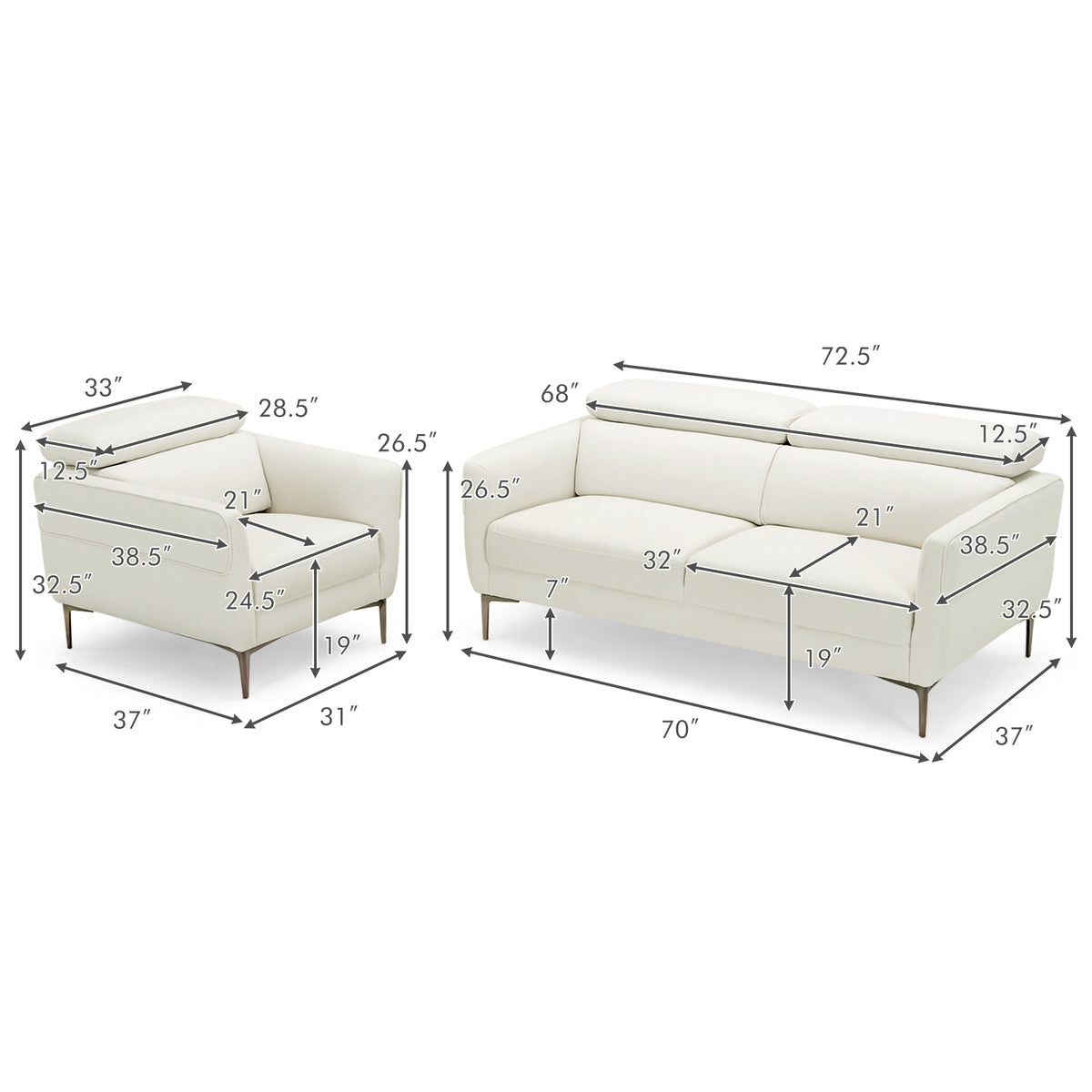 Modern Sofa Couch Set with Adjustable Headrest - White
