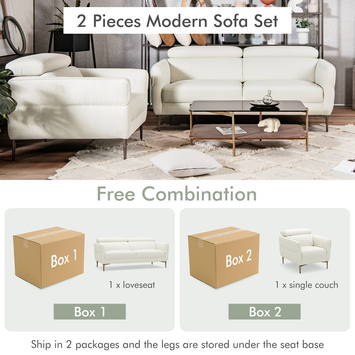 Modern Sofa Couch Set with Adjustable Headrest - White
