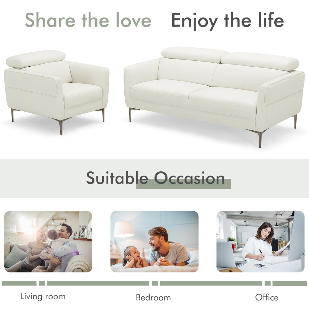 Modern Sofa Couch Set with Adjustable Headrest - White