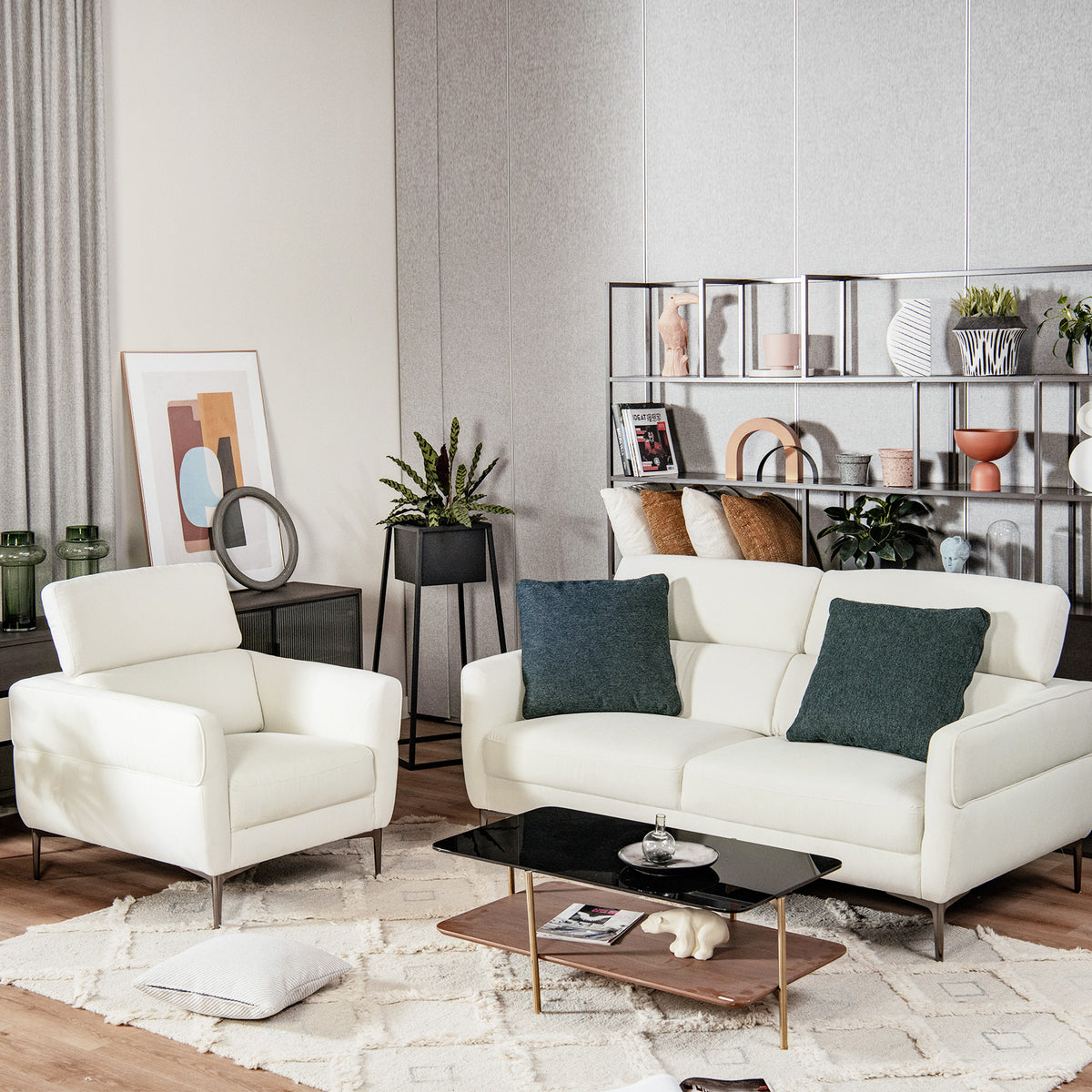 Modern Sofa Couch Set with Adjustable Headrest - White