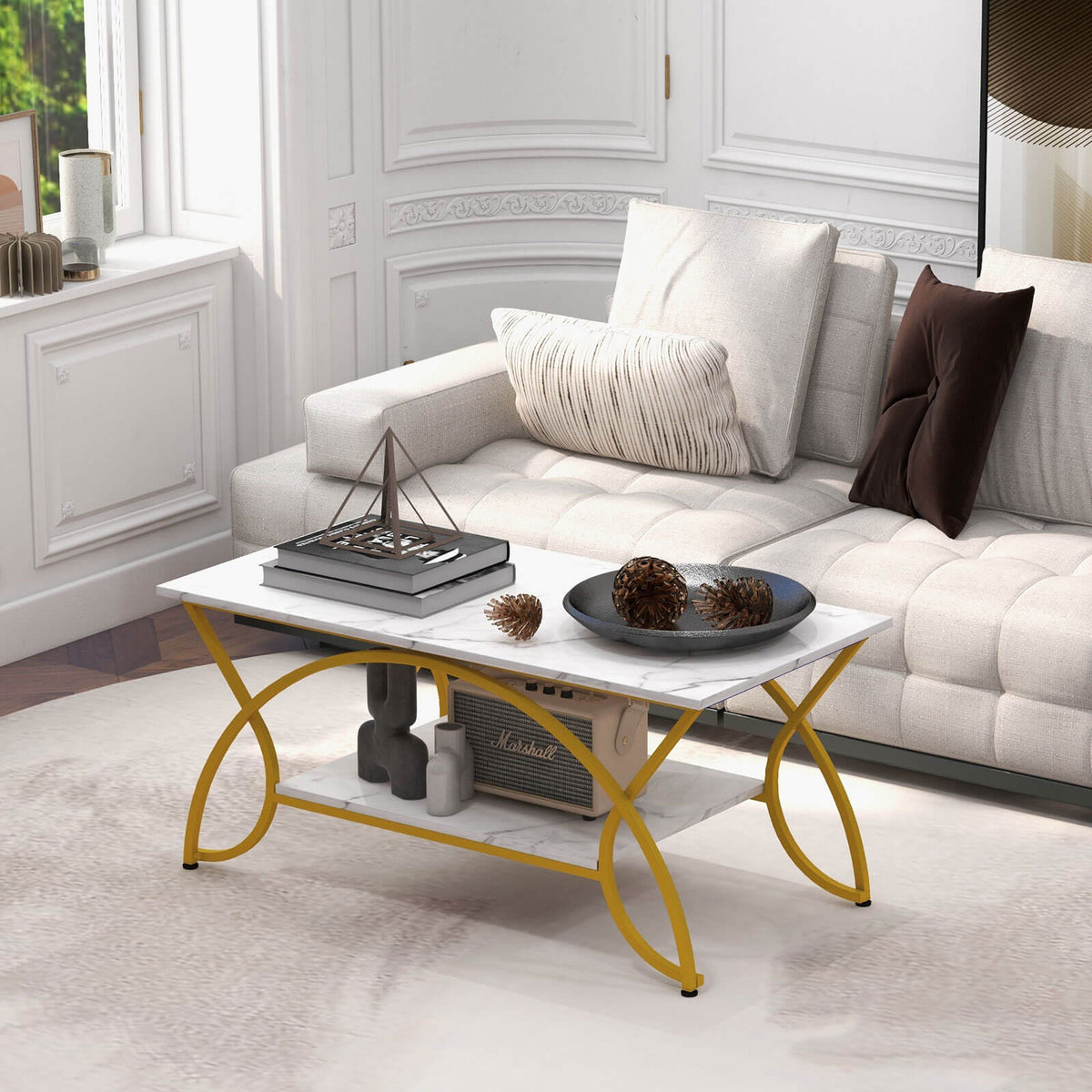 2-Tier Faux Marble Coffee Table with Metal Frame - Black & White