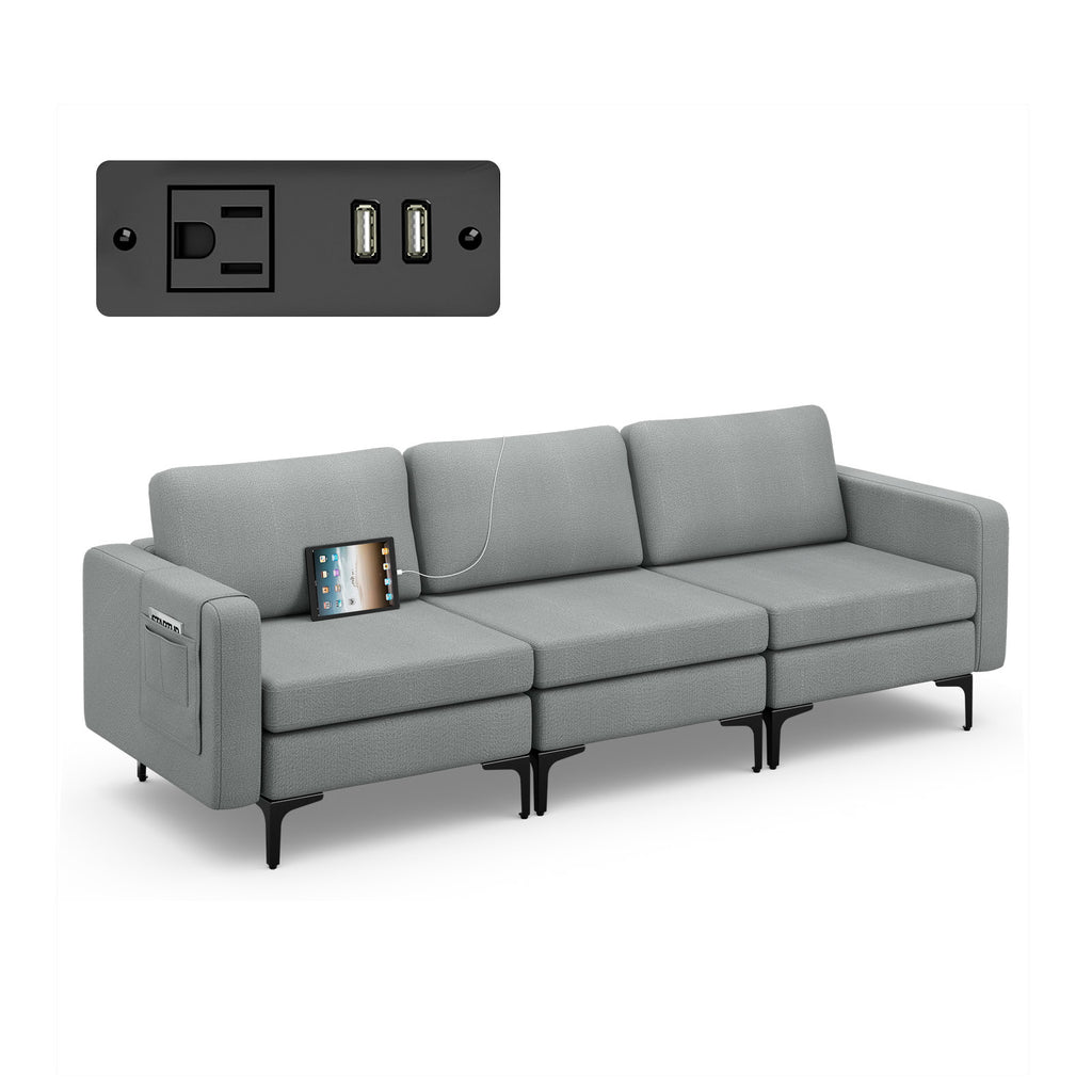 3-Seat Convertible Sofa with USB Ports & Magazine Pockets - Dark Gray