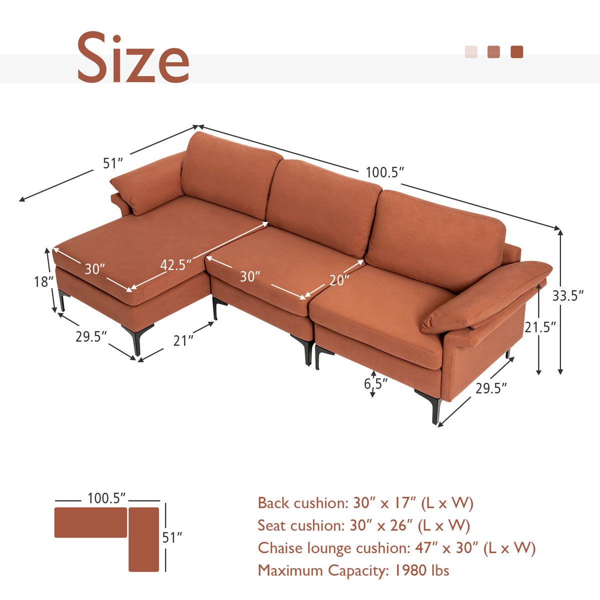 3-Seat L-Shaped Sectional Sofa with Reversible Chaise, Rust Red
