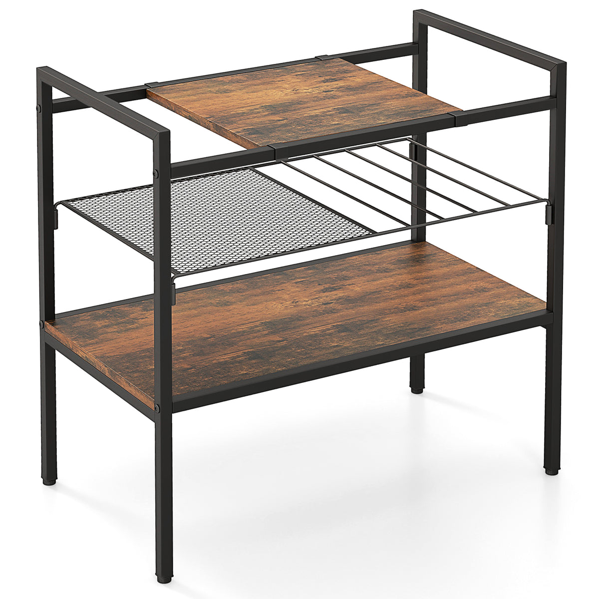 3-Tier Industrial Side Table with V-shaped Bookshelf, Rustic Brown